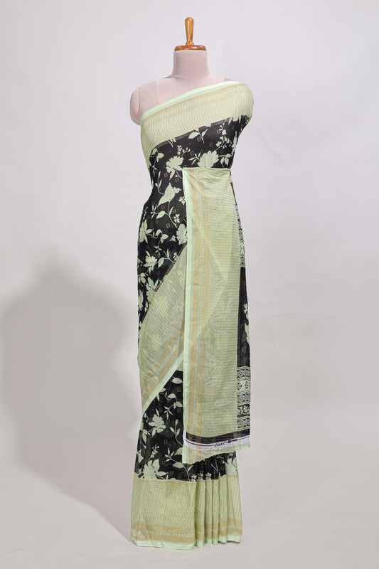 Black checked floral motifs chiffon saree with self zari border and contrast blouse