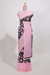 Black and pink checked floral motifs chiffon saree with self zari border and contrast blouse
