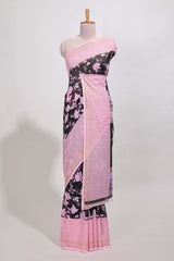 Black and pink checked floral motifs chiffon saree with self zari border and contrast blouse