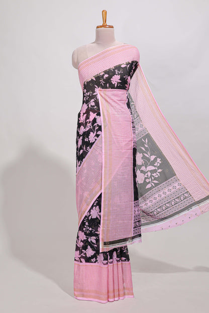 Black checked floral motifs chiffon saree with self zari border and contrast blouse