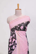 Black and pink checked floral motifs chiffon saree with self zari border and contrast blouse