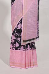 Black and pink checked floral motifs chiffon saree with self zari border and contrast blouse