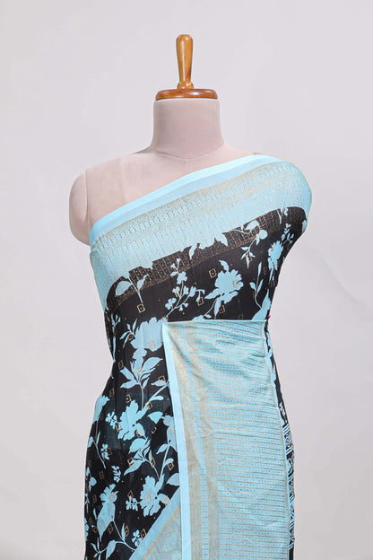 Black checked floral motifs chiffon saree with self zari border and contrast blouse