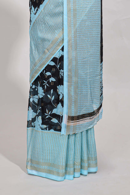 Black checked floral motifs chiffon saree with self zari border and contrast blouse