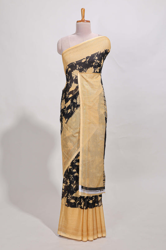 Black checked floral motifs chiffon saree with self zari border and contrast blouse (Copy)