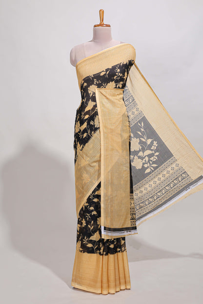 Black checked floral motifs chiffon saree with self zari border and contrast blouse (Copy)