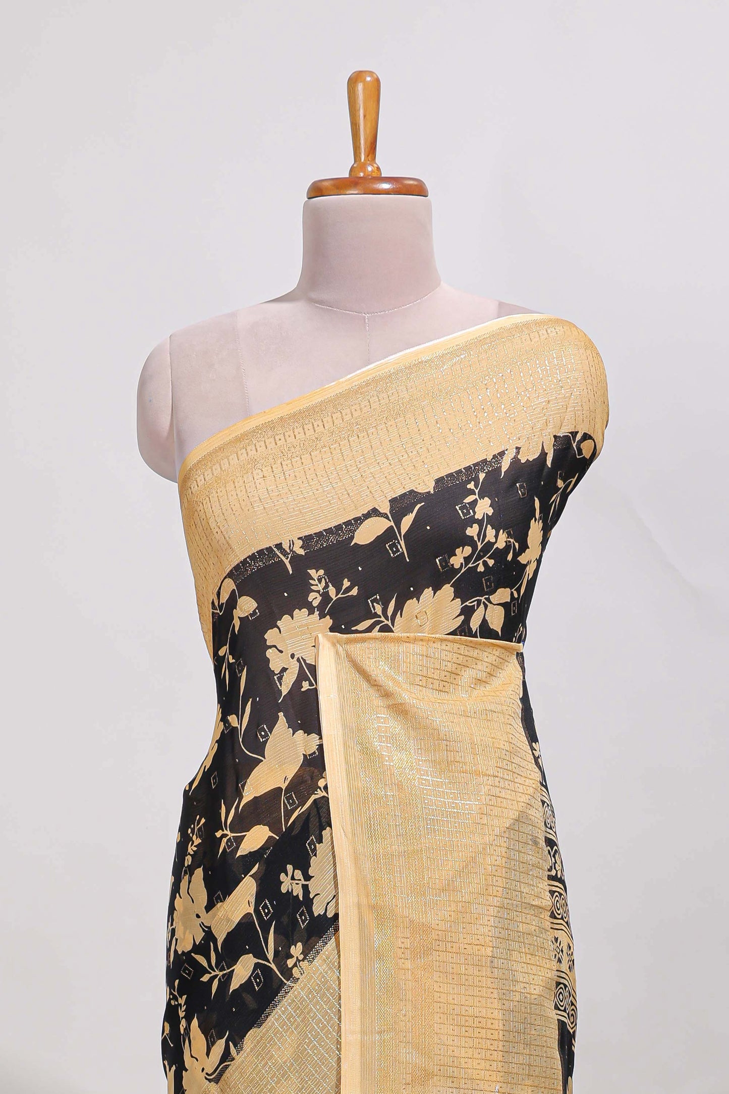 Black checked floral motifs chiffon saree with self zari border and contrast blouse (Copy)