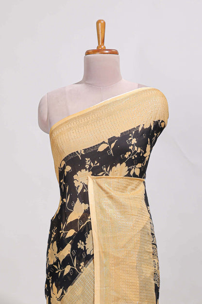 Black checked floral motifs chiffon saree with self zari border and contrast blouse (Copy)