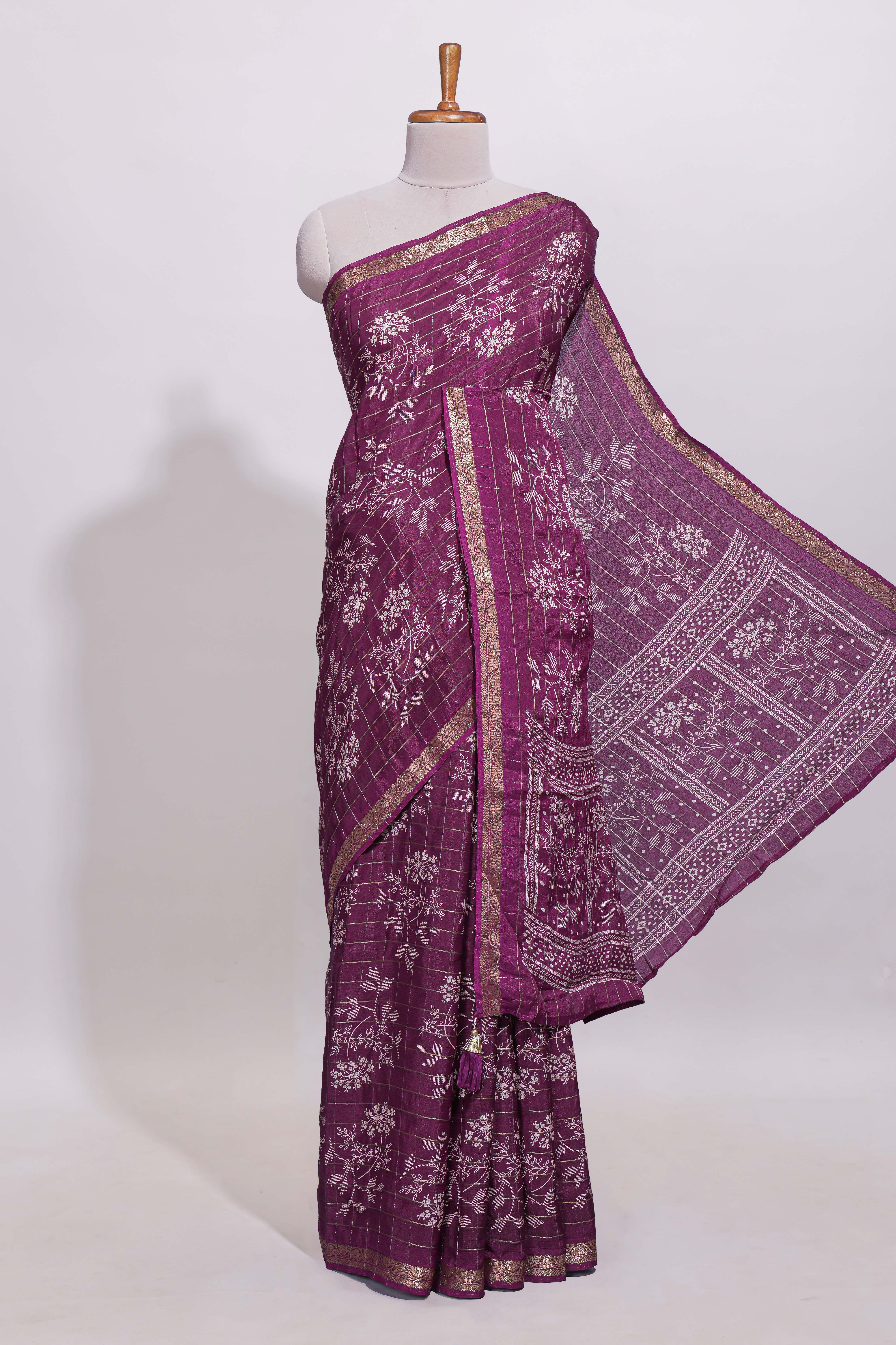 Deep plum checked with floral motifs chiffon saree with self zari border and matching blouse
