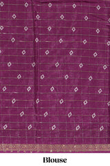 Deep plum checked with floral motifs chiffon saree with self zari border and matching blouse