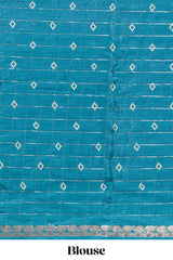Teal blue checked with floral motifs chiffon saree with self zari border and matching blouse