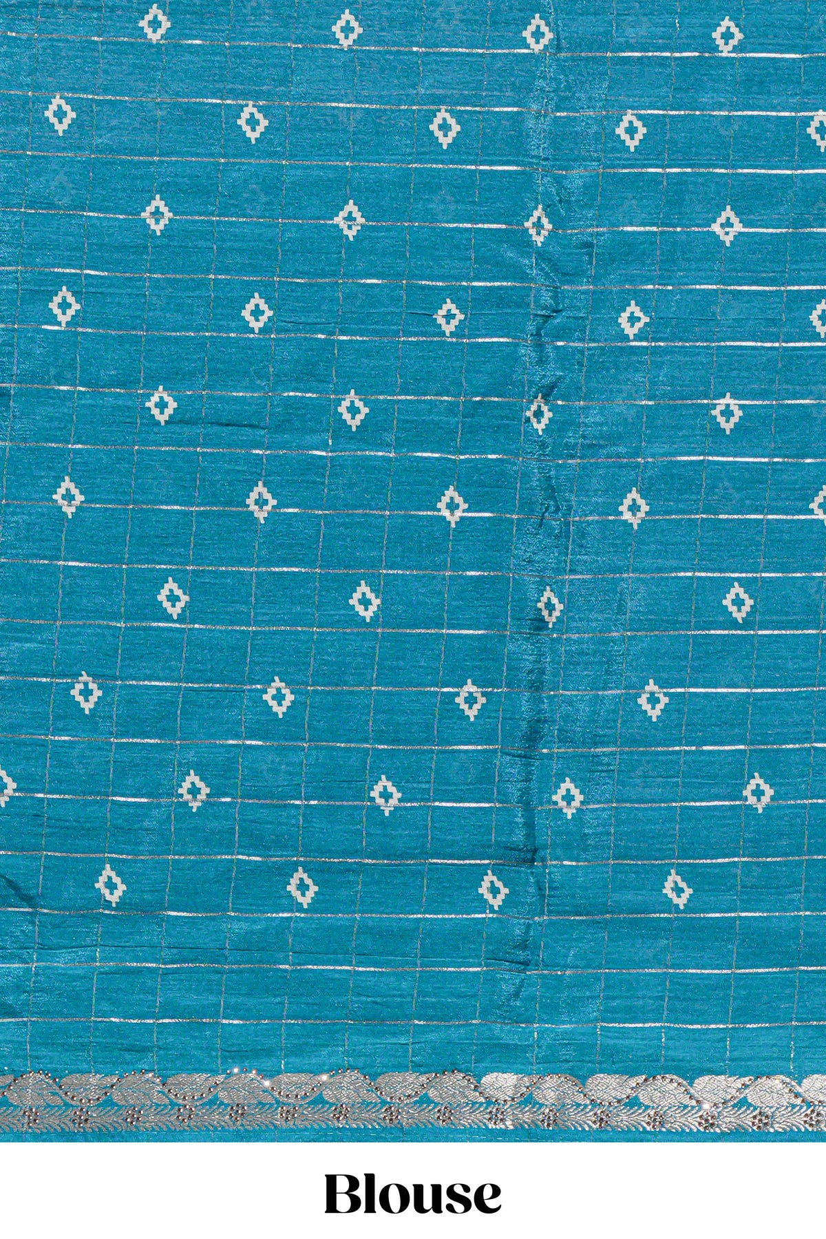 Teal blue checked with floral motifs chiffon saree with self zari border and matching blouse