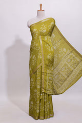 Olive green checked with floral motifs chiffon saree with self zari border and matching blouse