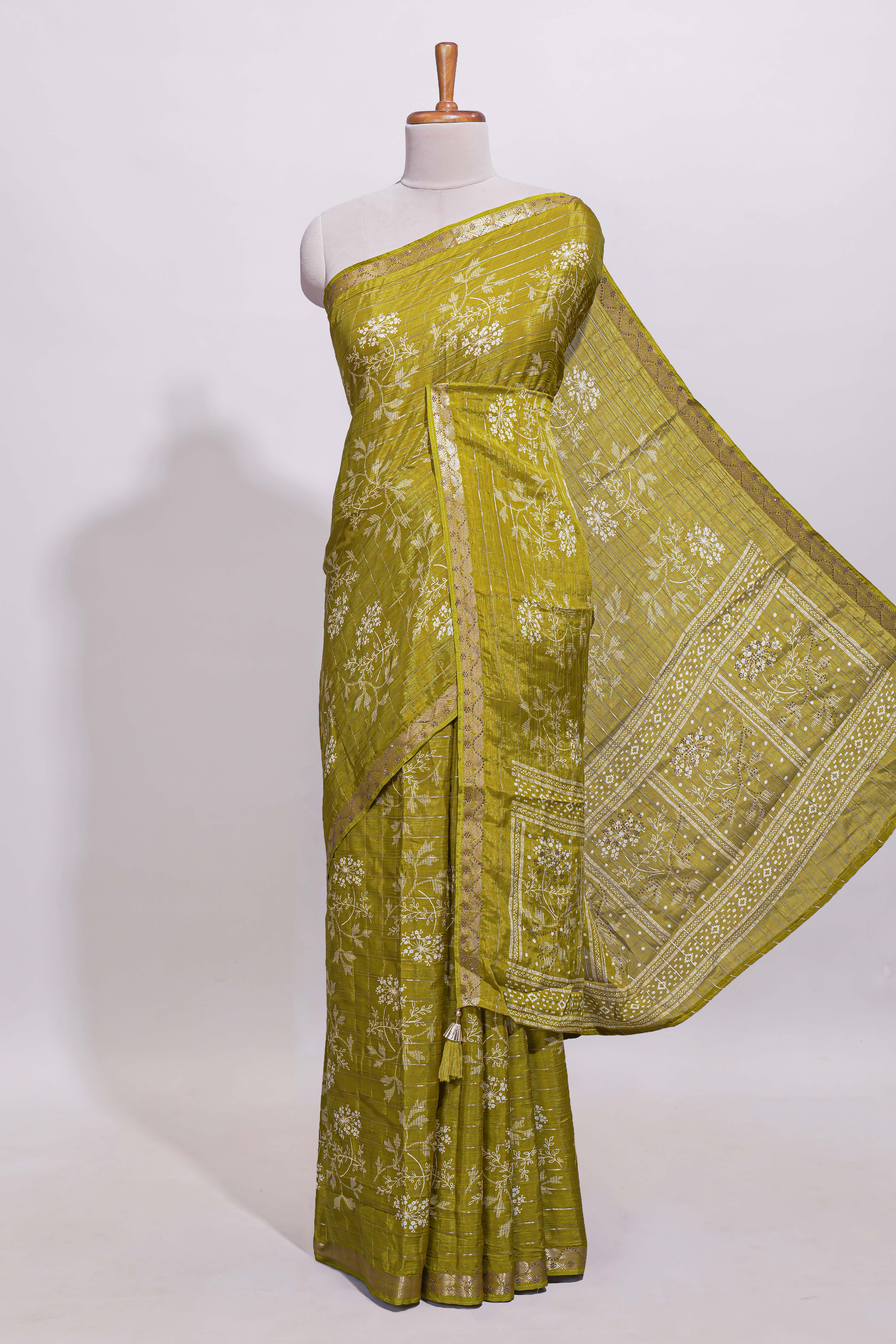 Olive green checked with floral motifs chiffon saree with self zari border and matching blouse