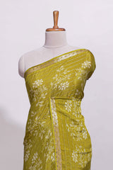Olive green checked with floral motifs chiffon saree with self zari border and matching blouse
