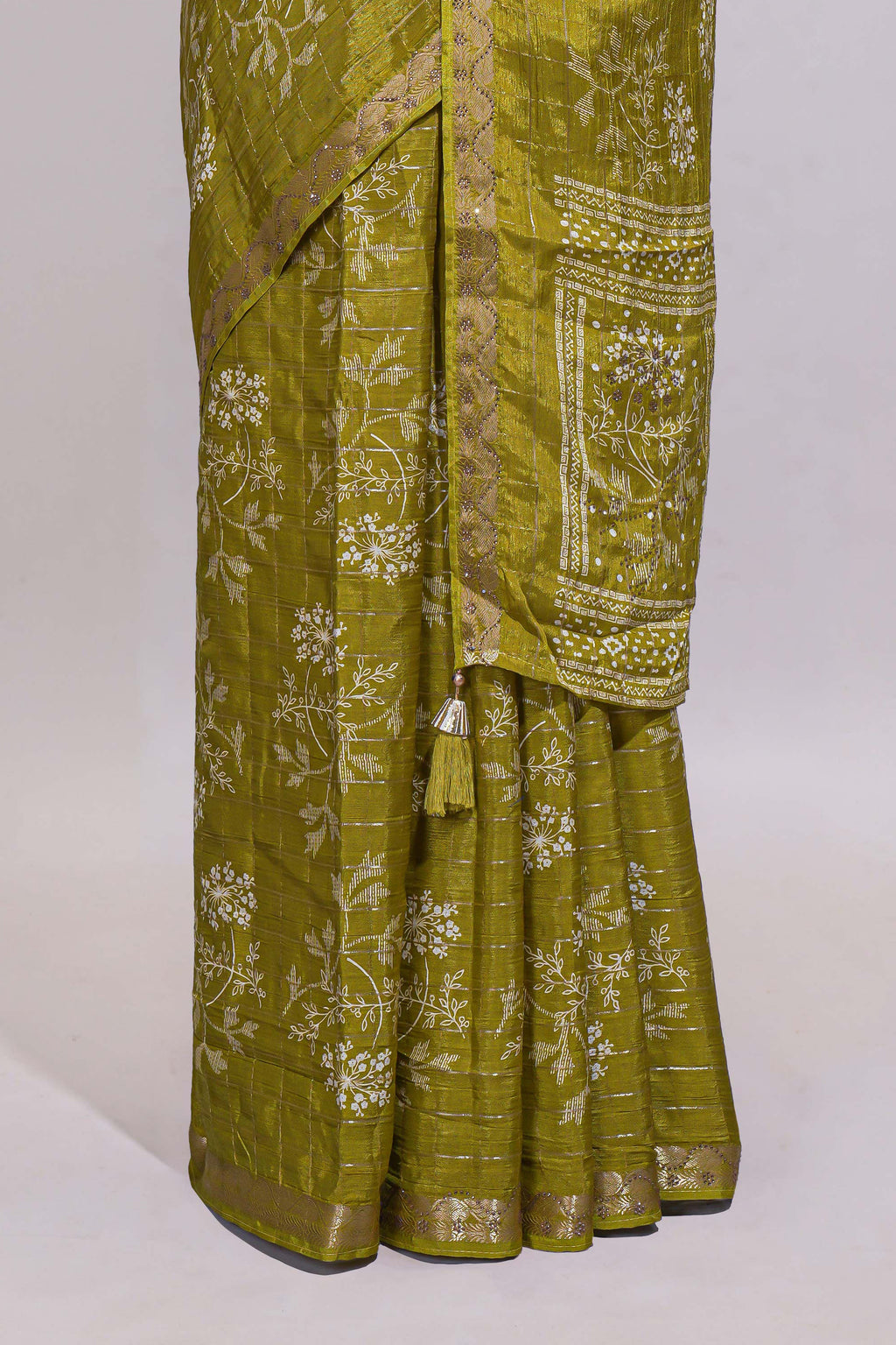 Olive green checked with floral motifs chiffon saree with self zari border and matching blouse