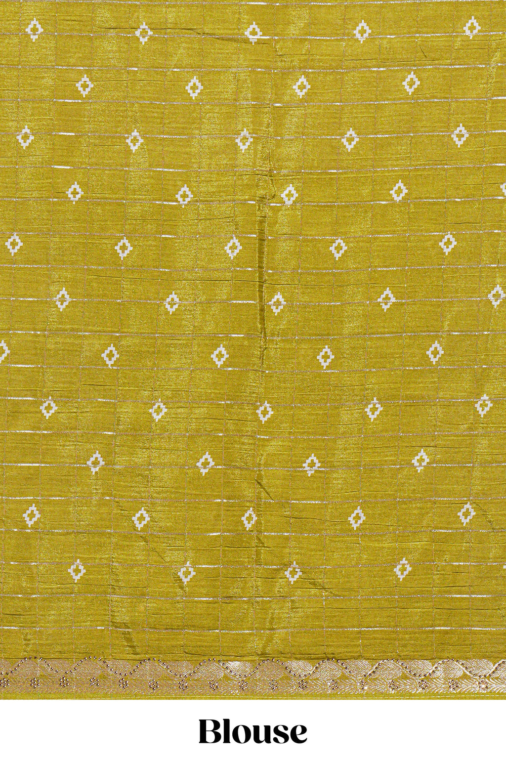Olive green checked with floral motifs chiffon saree with self zari border and matching blouse