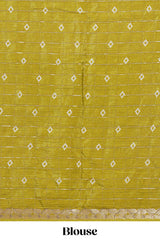Olive green checked with floral motifs chiffon saree with self zari border and matching blouse