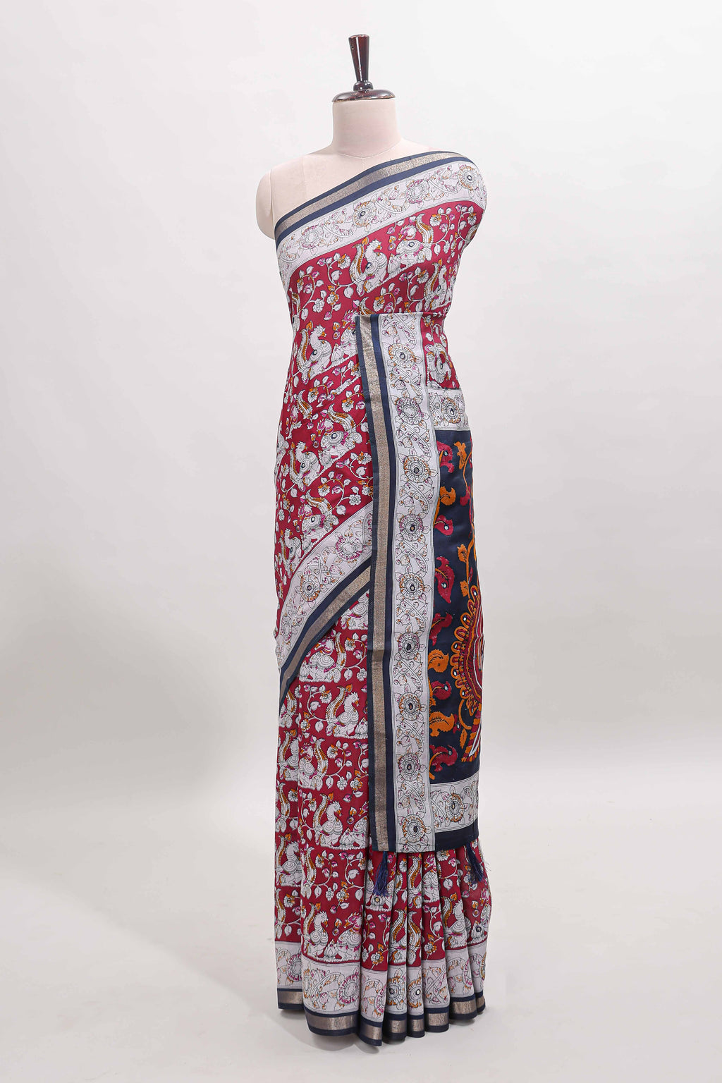 Maroon kalamkari style chanderi cotton saree with contrast border and blouse