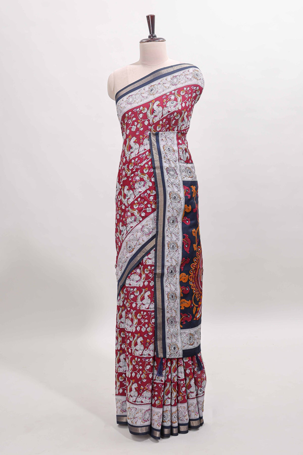 Maroon kalamkari style chanderi cotton saree with contrast border and blouse