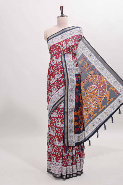 Maroon kalamkari style chanderi cotton saree with contrast border and blouse