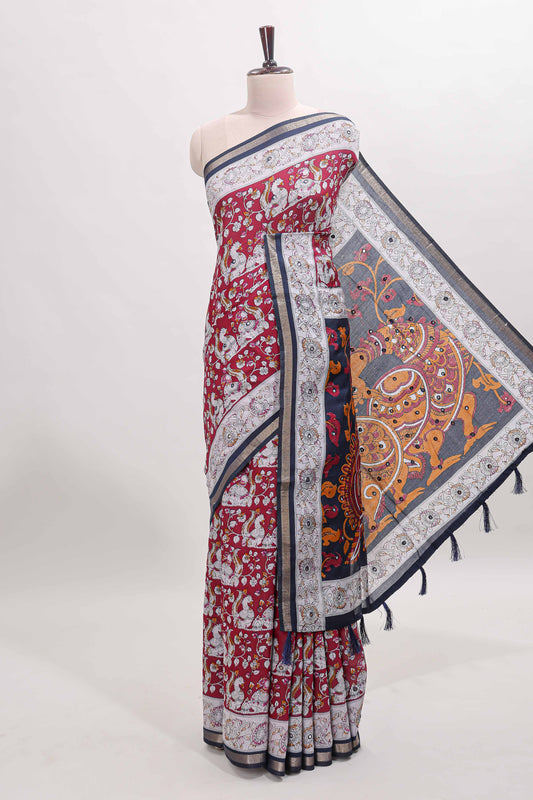 Maroon kalamkari style chanderi cotton saree with contrast border and blouse