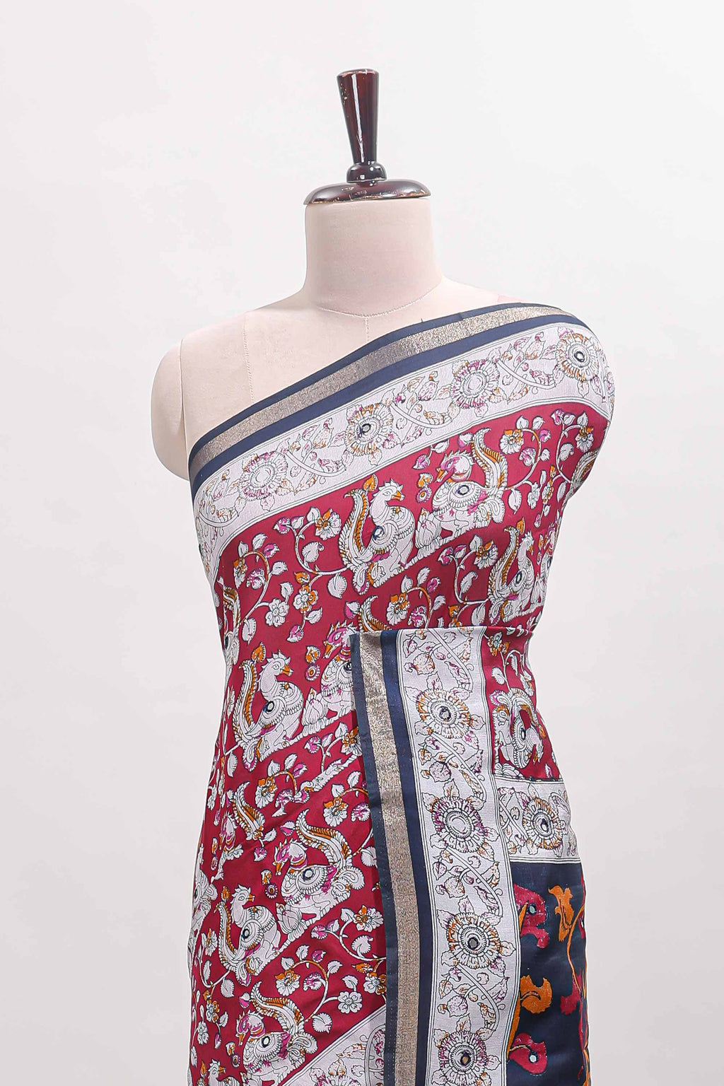 Maroon kalamkari style chanderi cotton saree with contrast border and blouse