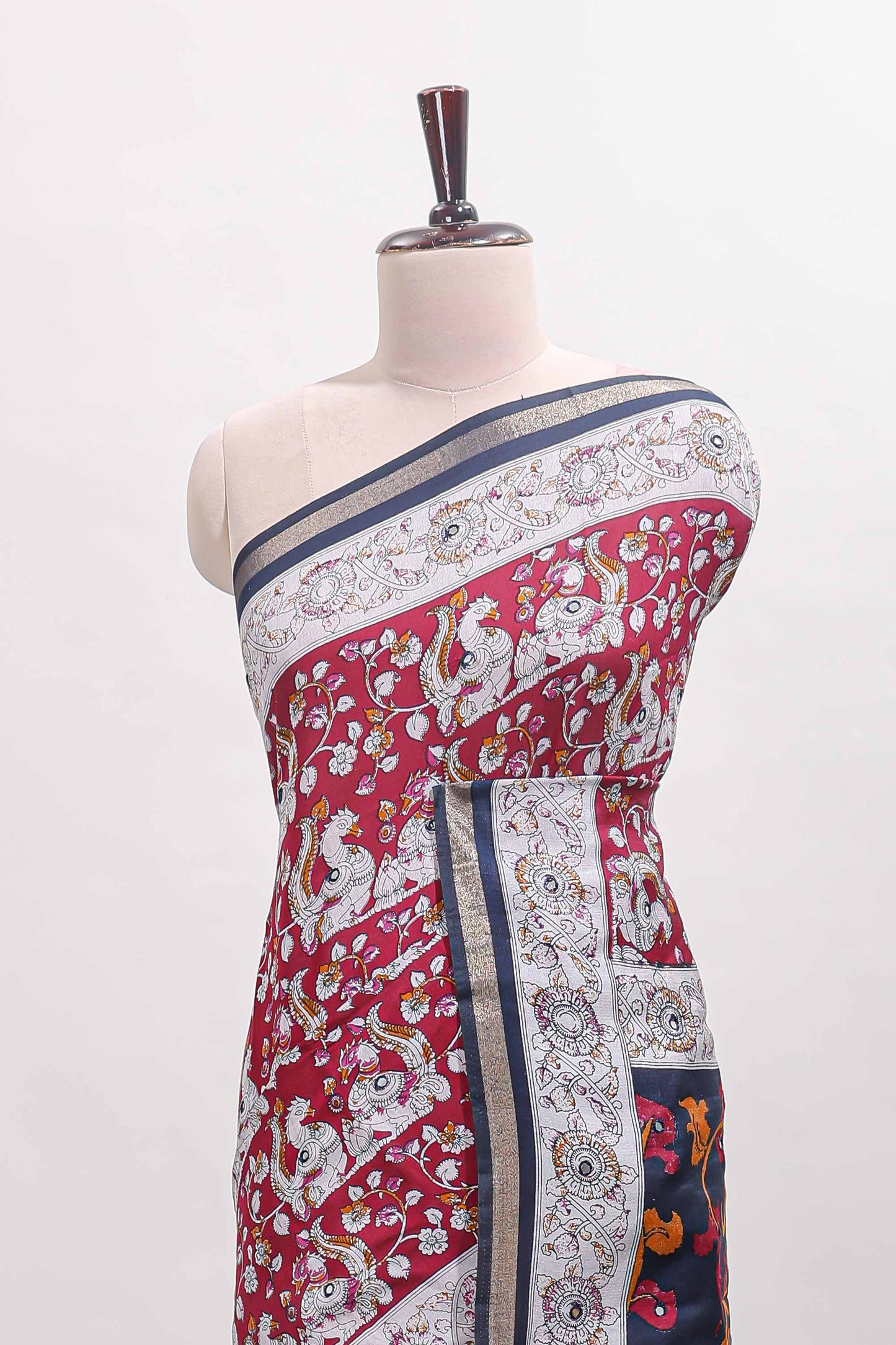 Maroon kalamkari style chanderi cotton saree with contrast border and blouse
