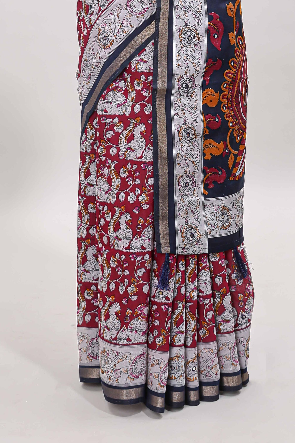 Maroon kalamkari style chanderi cotton saree with contrast border and blouse