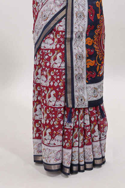 Maroon kalamkari style chanderi cotton saree with contrast border and blouse