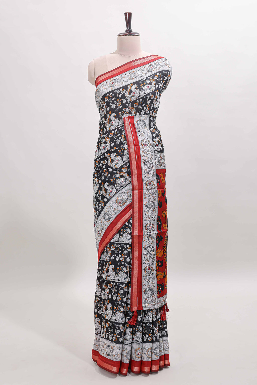 Black kalamkari style chanderi cotton saree with contrast border and blouse