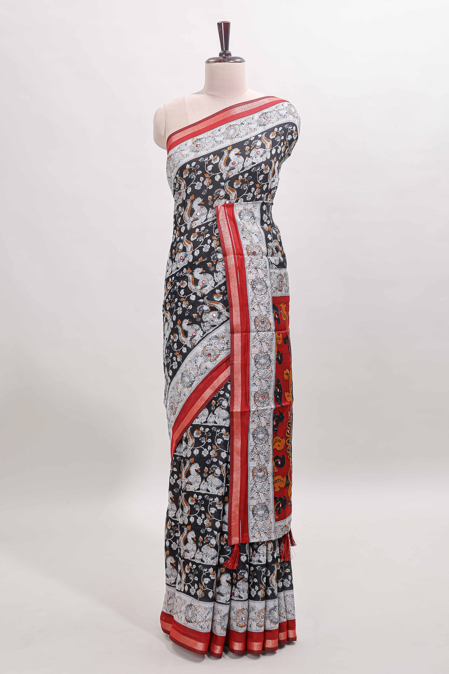 Black kalamkari style chanderi cotton saree with contrast border and blouse