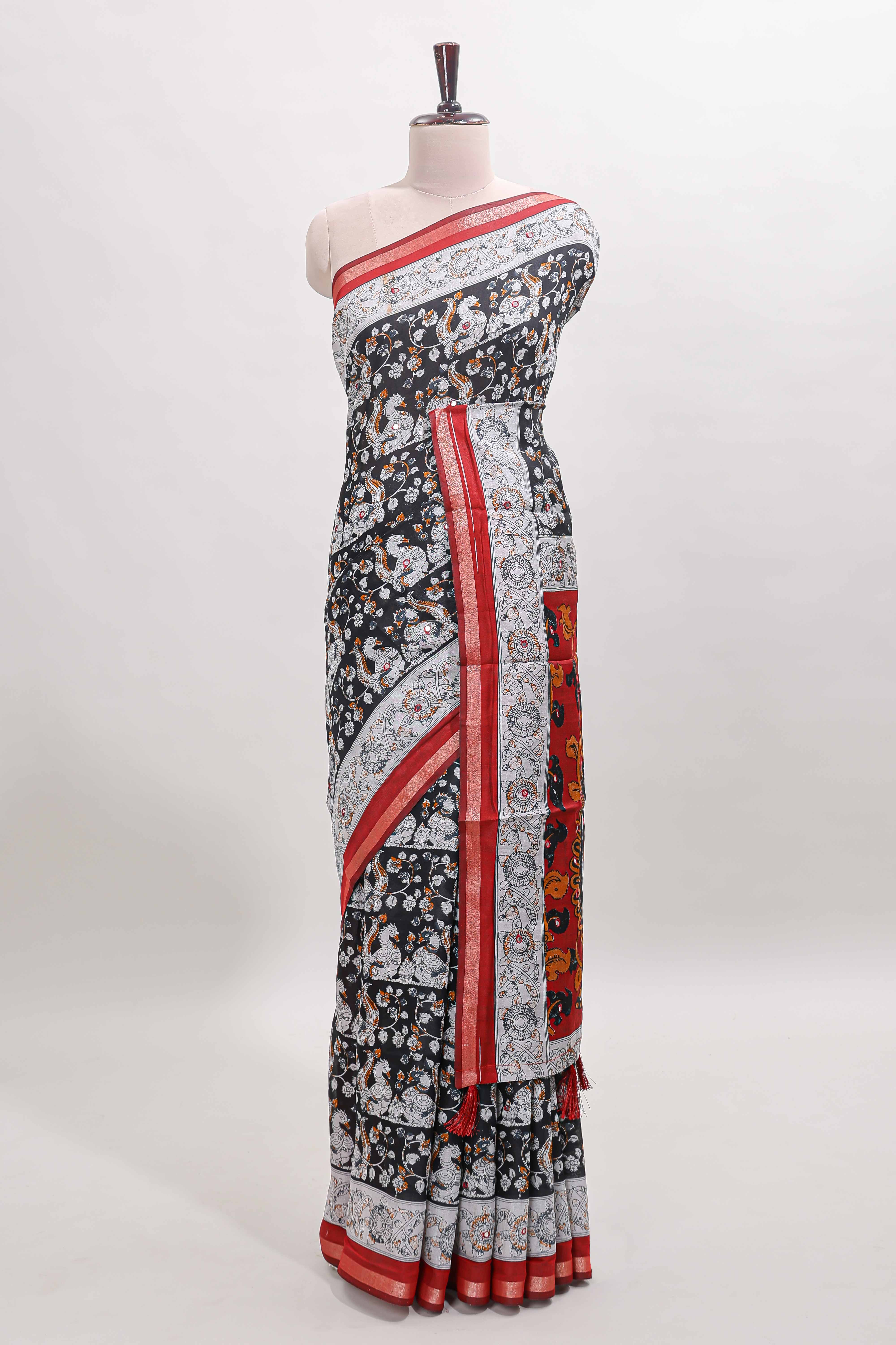 Black kalamkari style chanderi cotton saree with contrast border and blouse