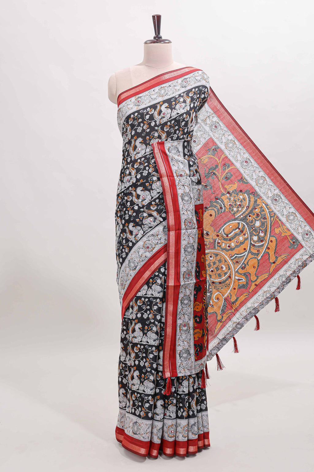Black kalamkari style chanderi cotton saree with contrast border and blouse