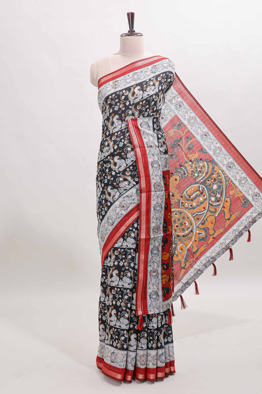 Black kalamkari style chanderi cotton saree with contrast border and blouse