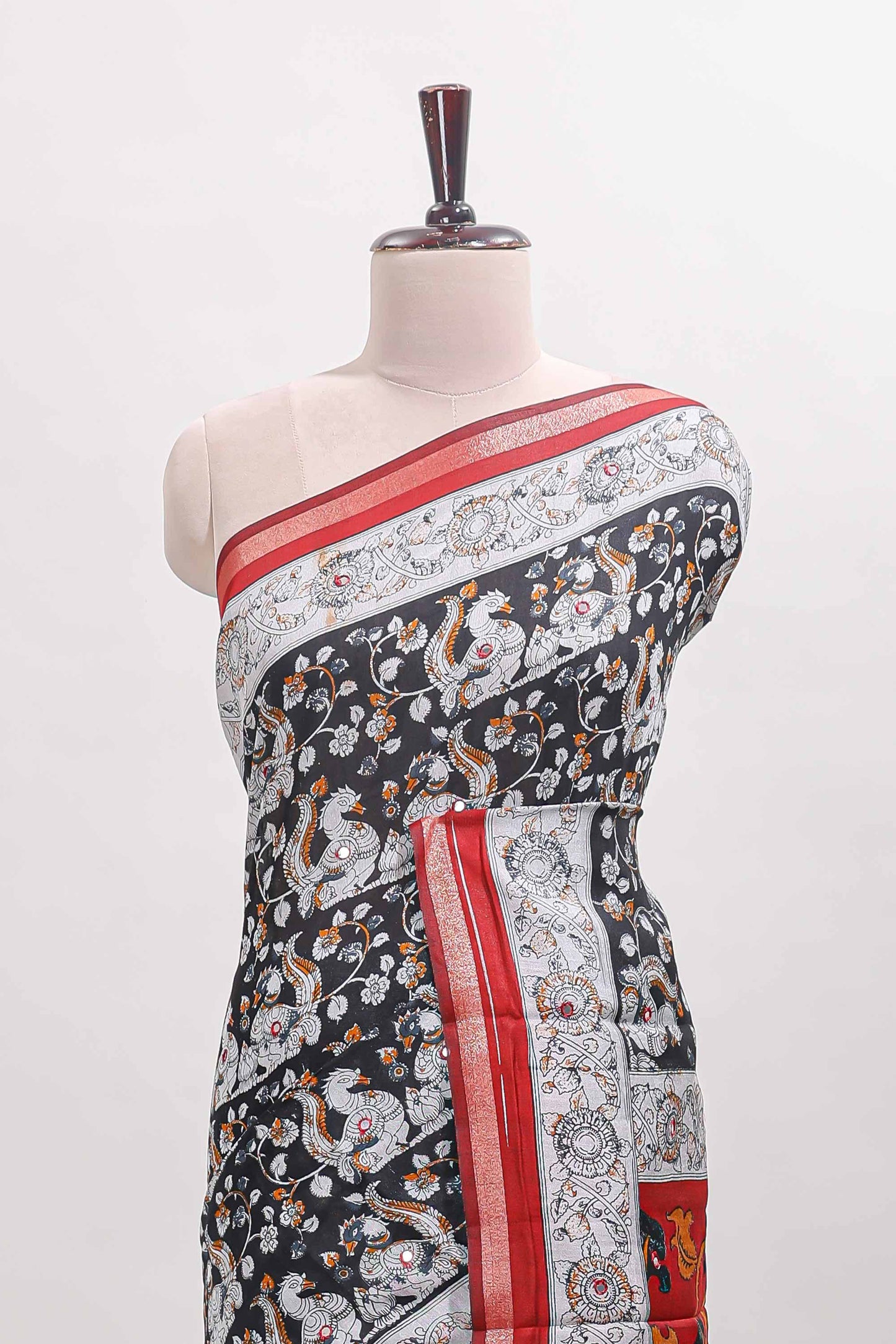 Black kalamkari style chanderi cotton saree with contrast border and blouse