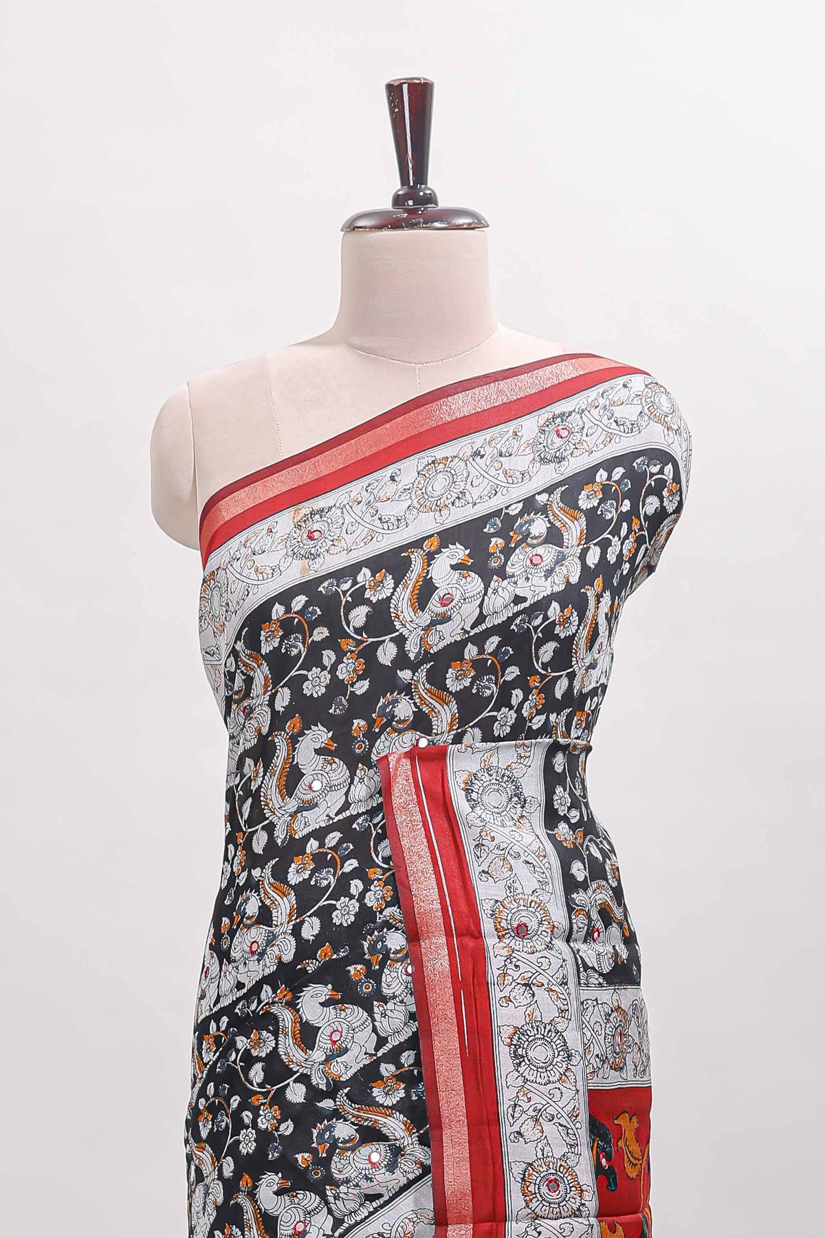 Black kalamkari style chanderi cotton saree with contrast border and blouse