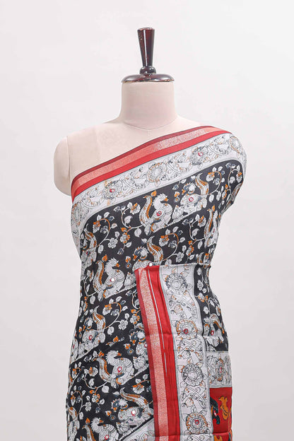 Black kalamkari style chanderi cotton saree with contrast border and blouse