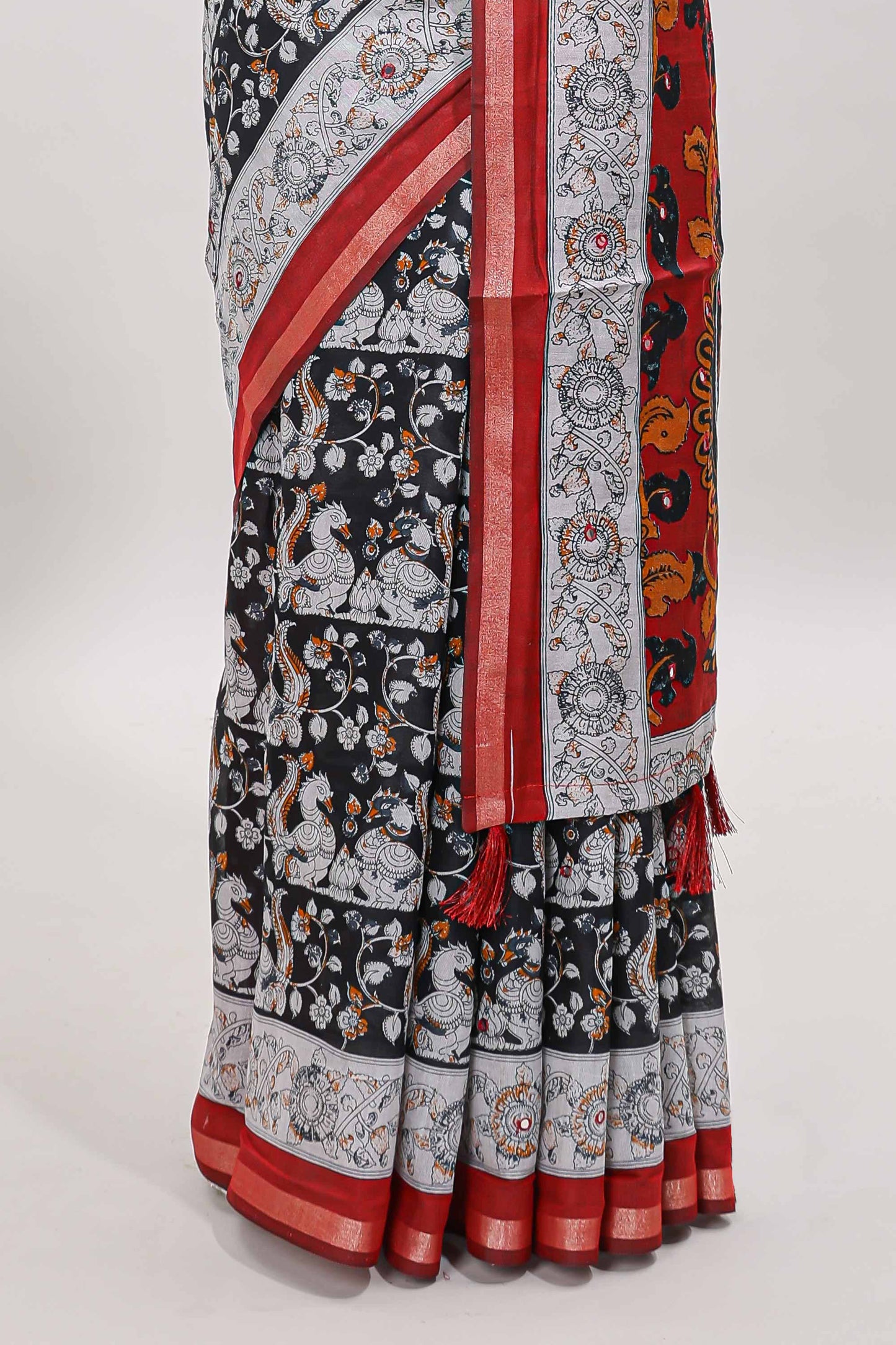 Black kalamkari style chanderi cotton saree with contrast border and blouse