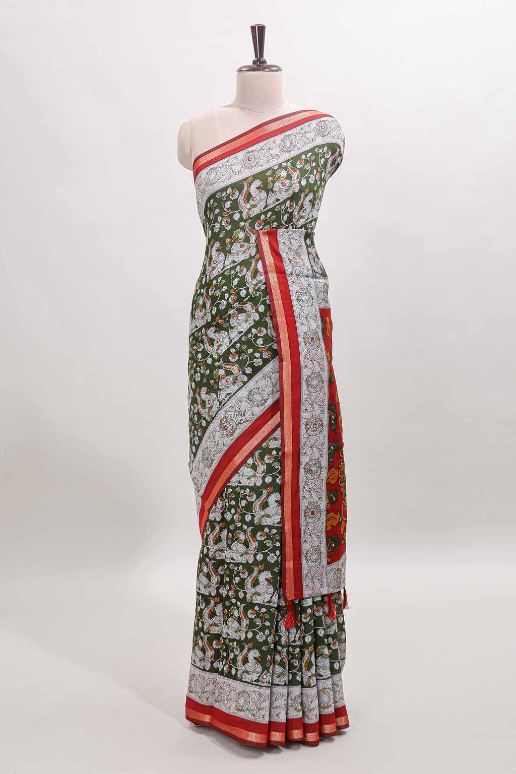 Olive green kalamkari style chanderi cotton saree with contrast border and blouse