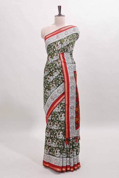 Olive green kalamkari style chanderi cotton saree with contrast border and blouse