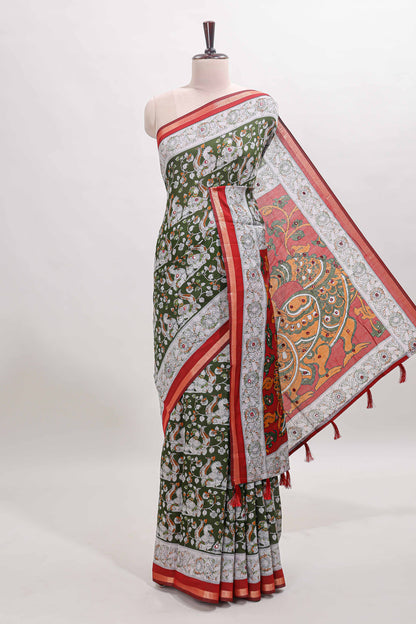 Olive green kalamkari style chanderi cotton saree with contrast border and blouse