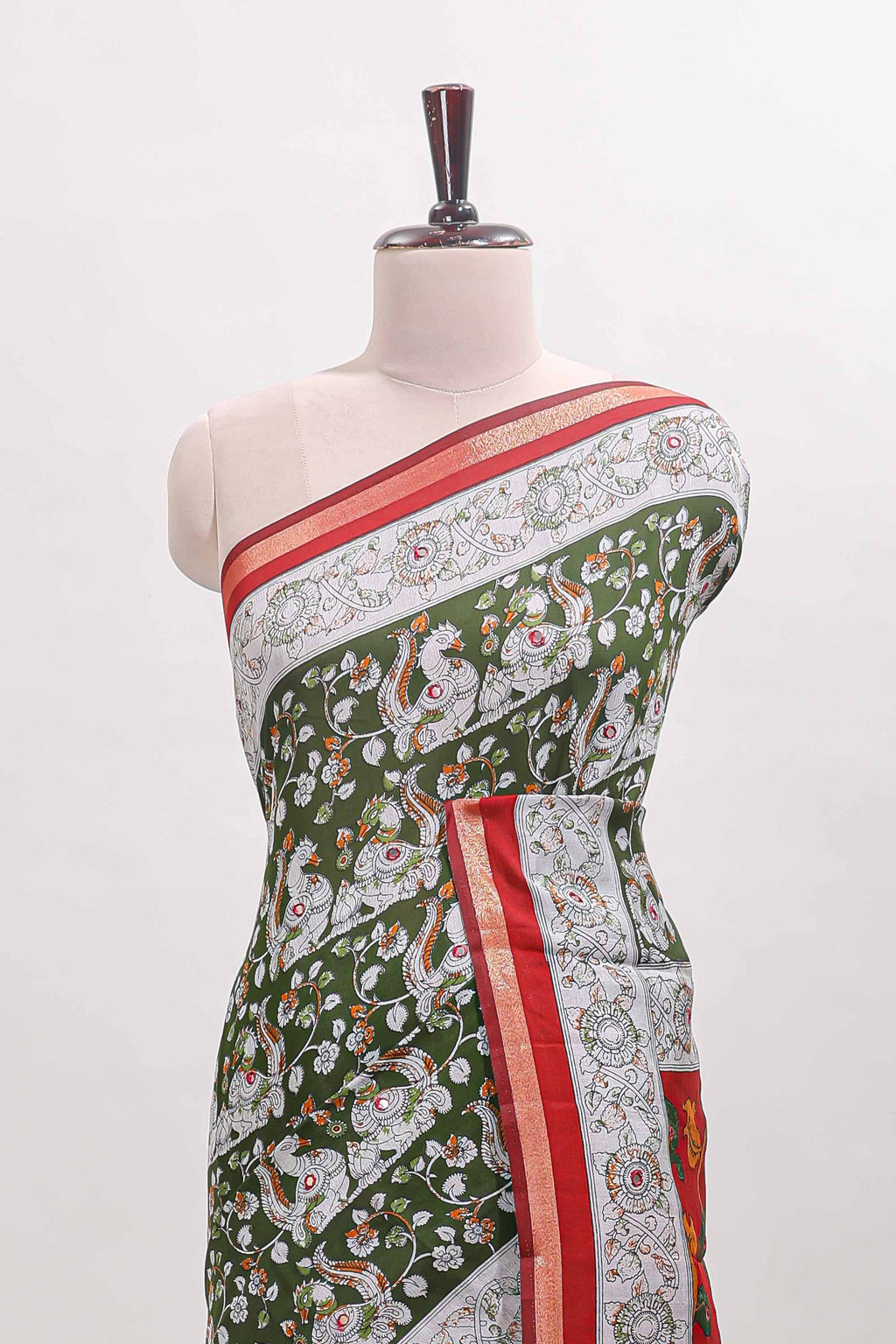 Olive green kalamkari style chanderi cotton saree with contrast border and blouse