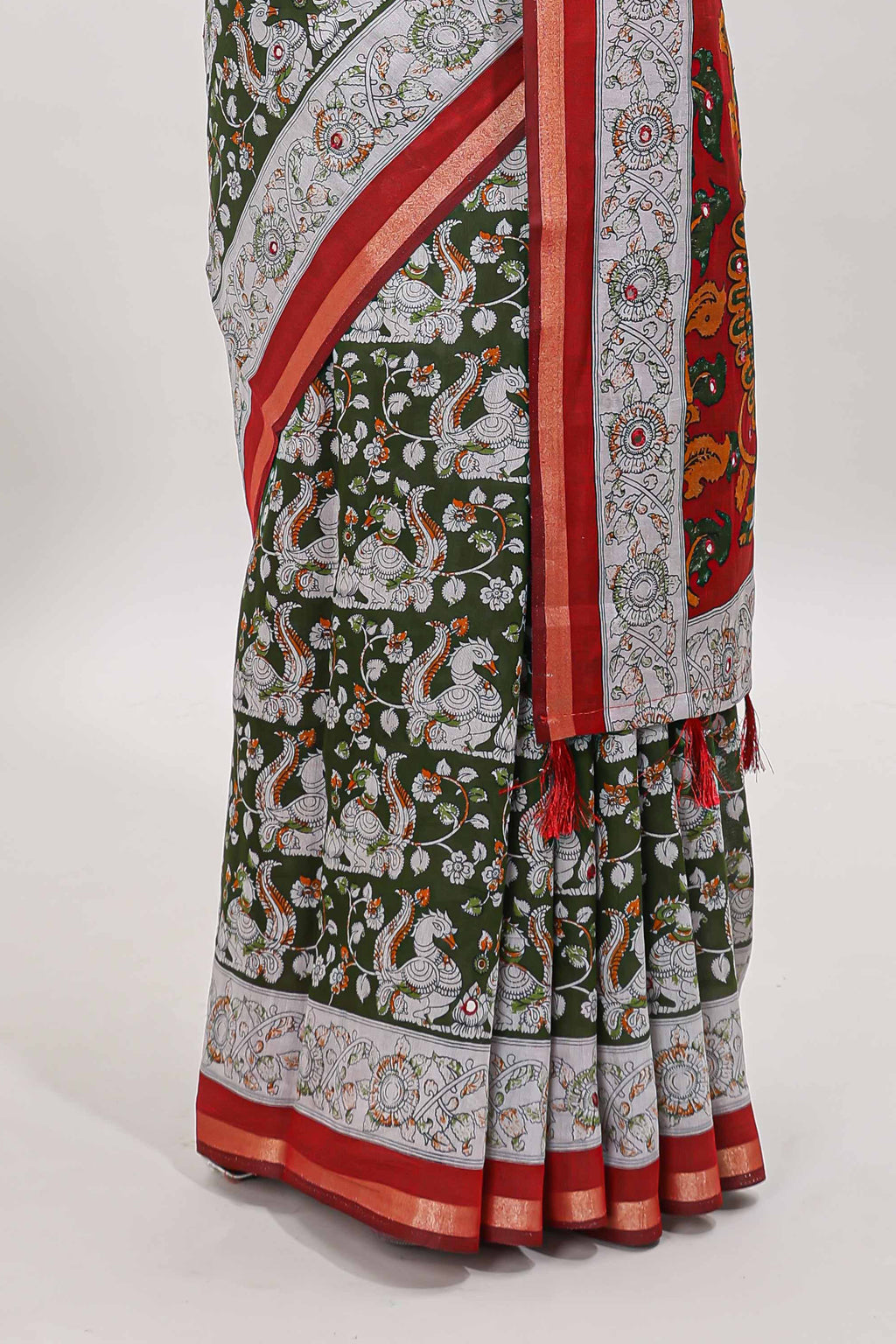Olive green kalamkari style chanderi cotton saree with contrast border and blouse