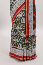 Olive green kalamkari style chanderi cotton saree with contrast border and blouse