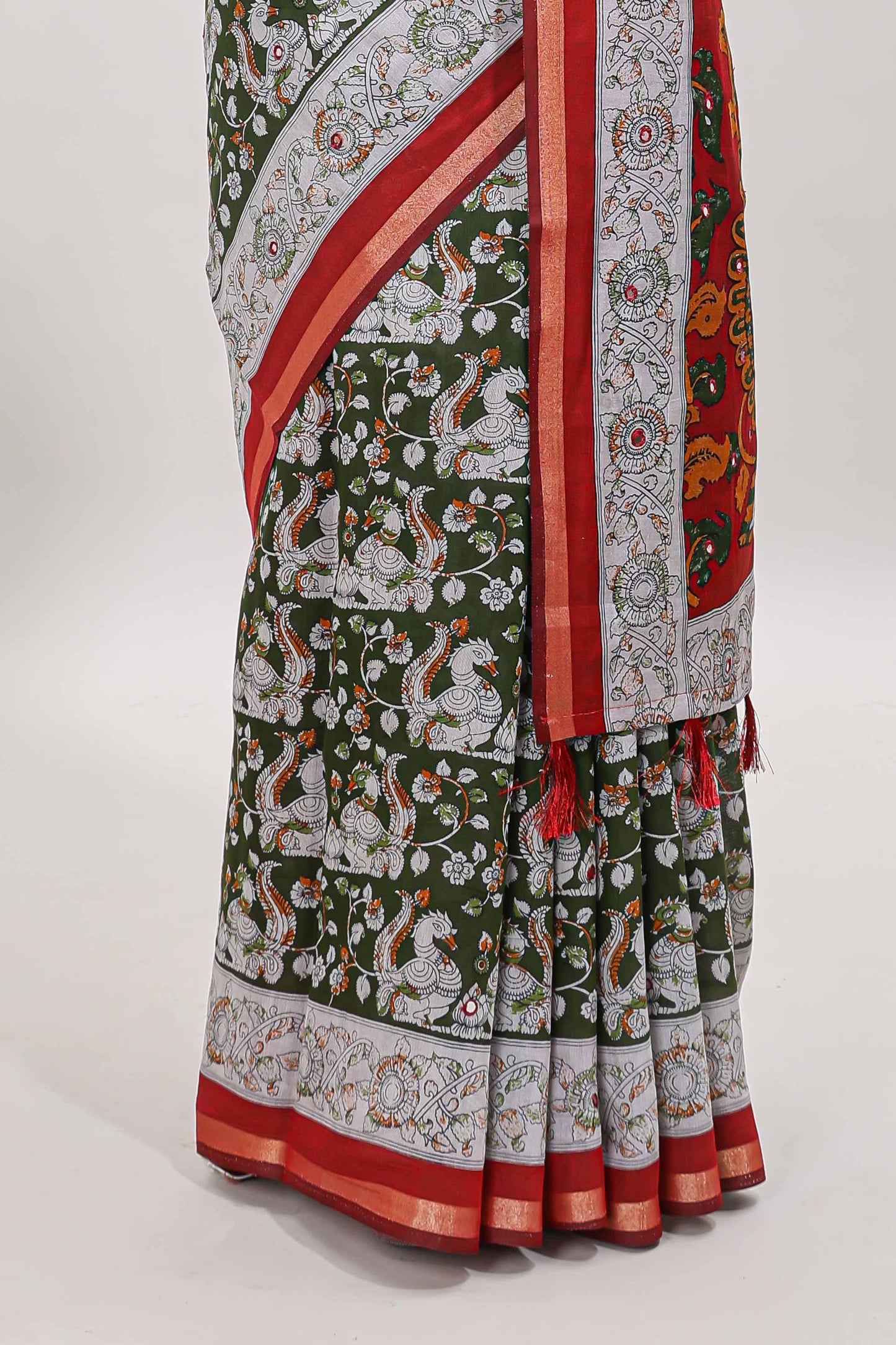 Olive green kalamkari style chanderi cotton saree with contrast border and blouse
