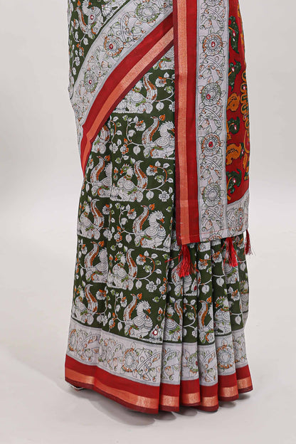 Olive green kalamkari style chanderi cotton saree with contrast border and blouse