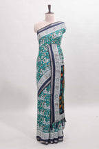 Turquoise green kalamkari style chanderi cotton saree with contrast border and blouse