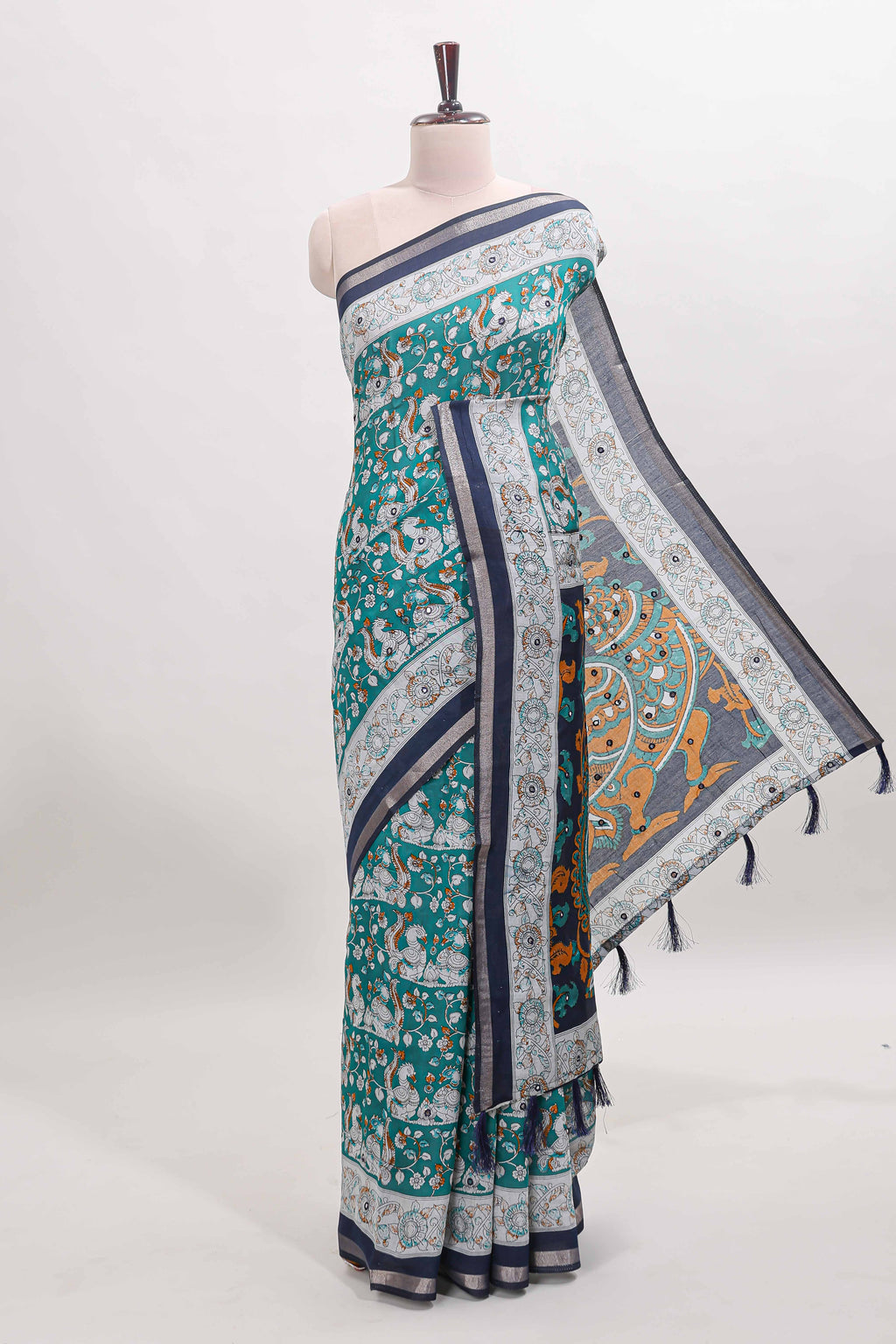 Turquoise green kalamkari style chanderi cotton saree with contrast border and blouse