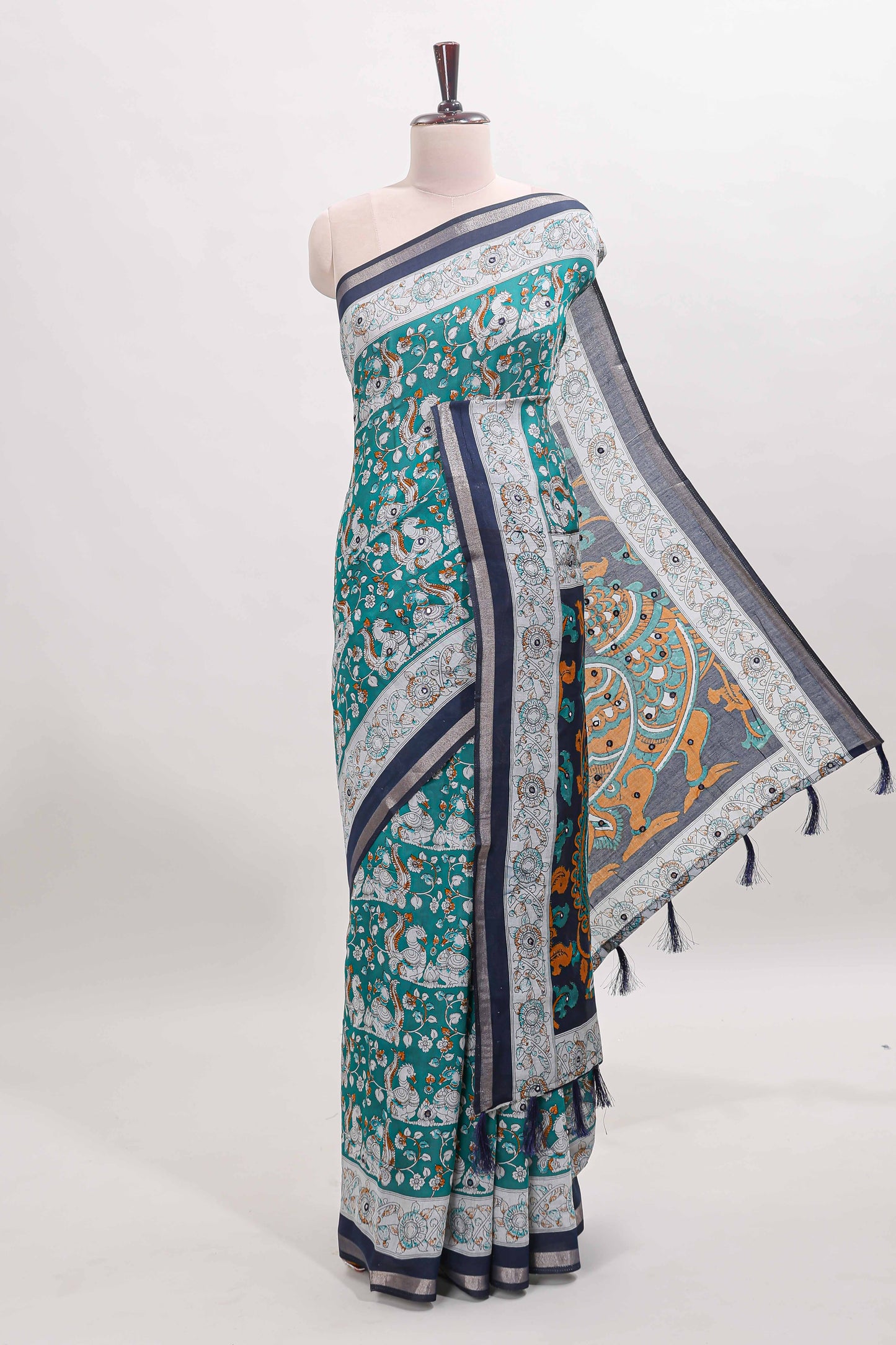 Turquoise green kalamkari style chanderi cotton saree with contrast border and blouse